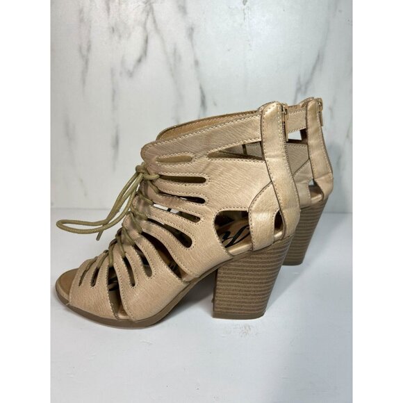 Rampage Heel Sandals Womens Size 6.5  Beige Lace Up Cut Out Peep Toe Leather - Picture 3 of 13